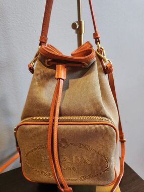 Prada Beige Canvas Duet Drawstring Bucket Crossbody with Leather Trim